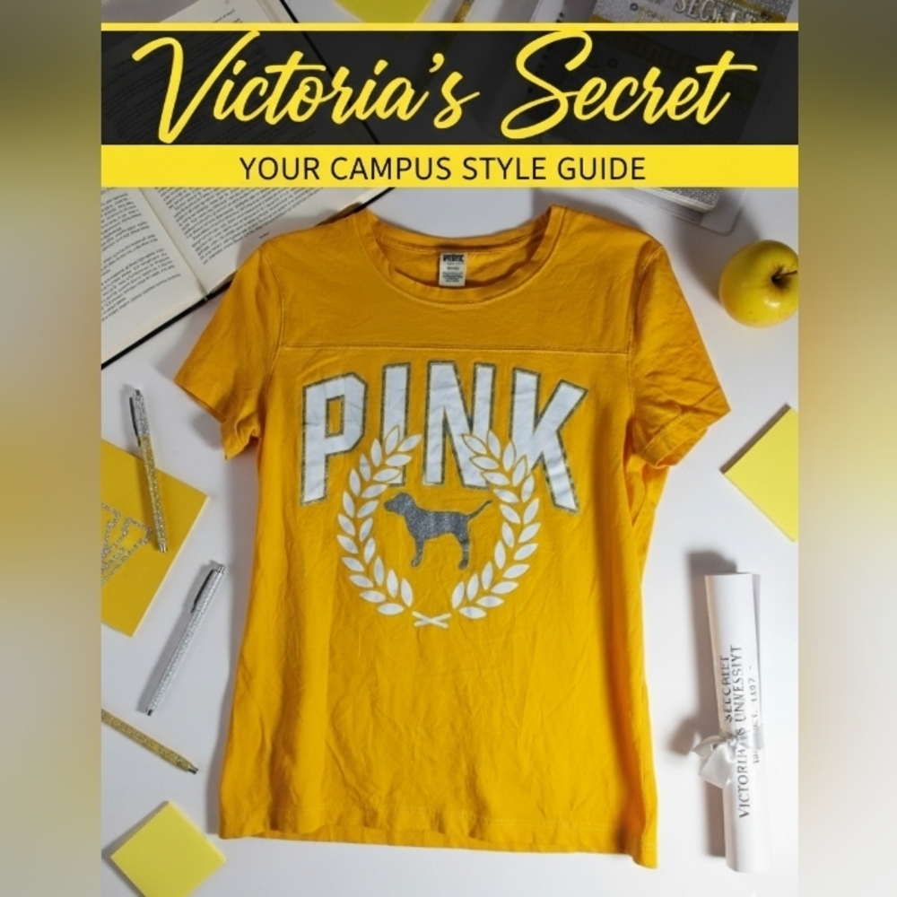 PINK Yellow Dog Graphic Glitter Logo Tee Medium